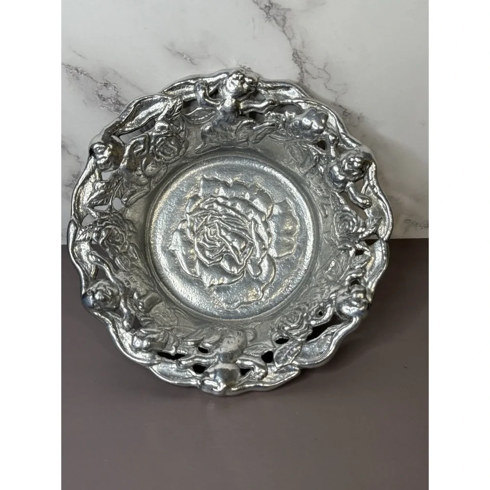 1995 Arthur Court Aluminum Bunny Rabbit and Rose Flower Bowl